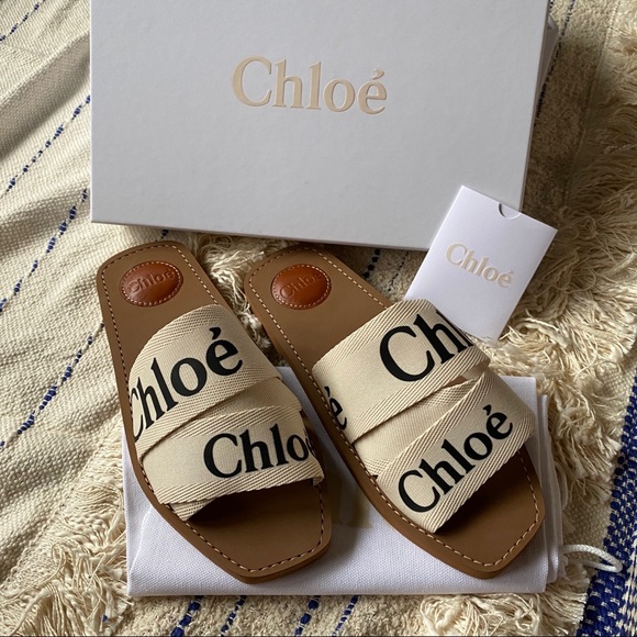 chloe woody flat logo ribbon slide sandals